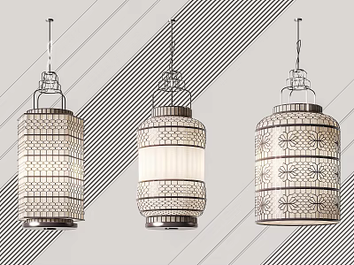 Three Chinese Style Pendant Lights With Intricate Cutout Design Metal Frame And White Lampshade 3d model