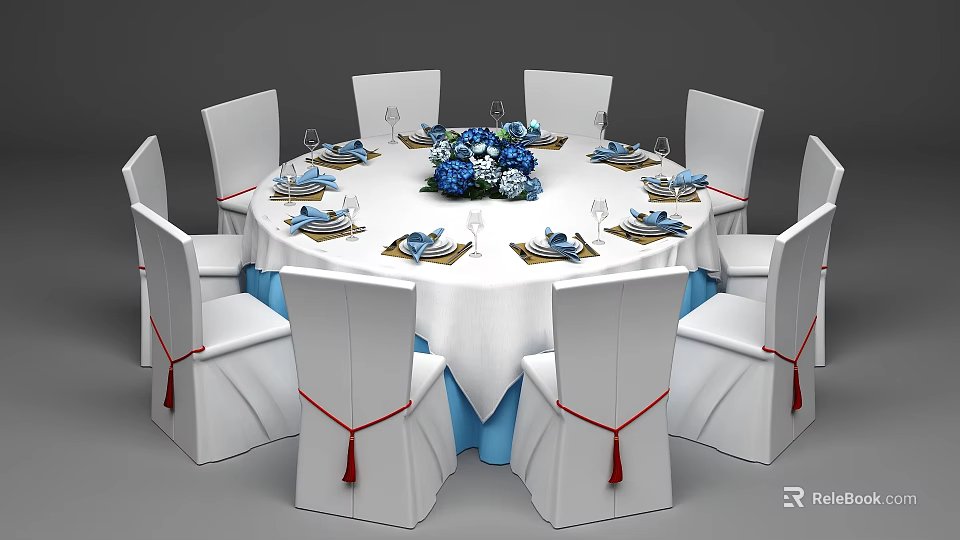 Elegant Dining Table Setup With White Chairs Red Tassels White Tablecloth And Blue Floral Centerpiece 3d model 