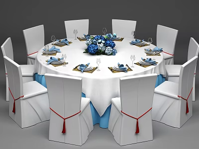 Elegant Dining Table Setup With White Chairs Red Tassels White Tablecloth And Blue Floral Centerpiece 3d model