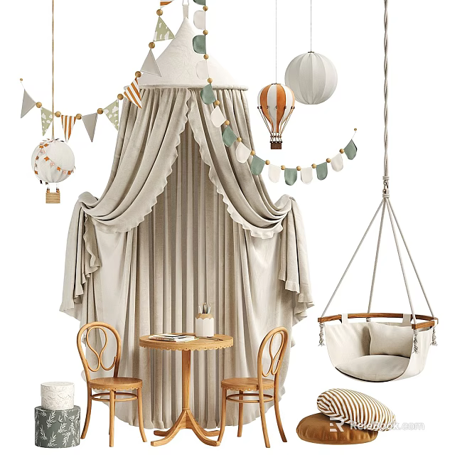 Tent Structure With Beige Curtains Hanging Hot Air Balloon Decor Bunting Flags And Swing Chair 3d model 