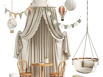 Tent Structure With Beige Curtains Hanging Hot Air Balloon Decor Bunting Flags And Swing Chair 3d model