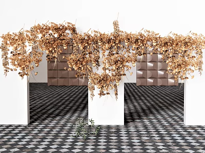 Golden Vines And Green Plants In Space With White Structures Black And White Checkered Floor And Brown Walls 3d model