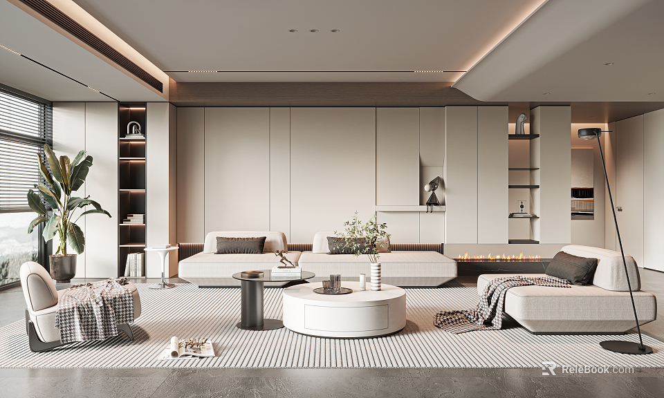 Modern Living Room Interior With Beige Sofa Round Coffee Table Fireplace And Shelves Decor 3d model 