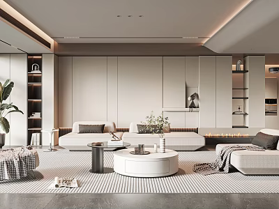 Modern Living Room Interior With Beige Sofa Round Coffee Table Fireplace And Shelves Decor 3d model