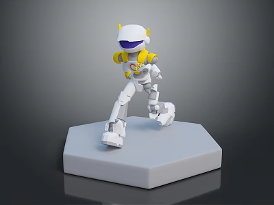 White Robot Game and Movie Character With Yellow Purple Head Standing on Hexagonal Base 3d model