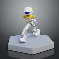 White Robot Game and Movie Character With Yellow Purple Head Standing on Hexagonal Base
