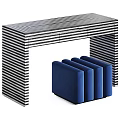 Black and White Striped Dressing Table with Modern Design and Blue Stools 3d model