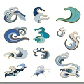 Traditional Decorative Wave Patterns With Various Blue White And Green Designs 3d model
