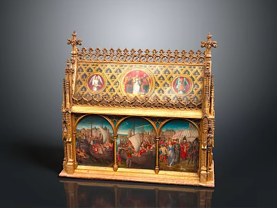 Intricately Carved Medieval Altarpiece Featuring Religious Figures And Mythical Creatures In Golden Frame 3d model
