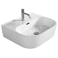 White Modern Countertop Washbasin With Sleek Silver Faucet Elegant Curved Shape And Glossy Surface