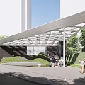 Modern Entrance Gate with Metal Canopy Structure Surrounded by Greenery and Trees
