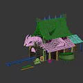 Medieval Building With Dragon Decoration Spiked Tile Roof Featuring Wooden Barrels Tools And Burning Brazier