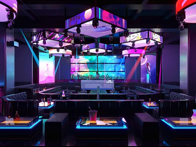 Vibrant Bar Interior With Neon Lights Stage Large Screens And Comfortable Seating 3d model