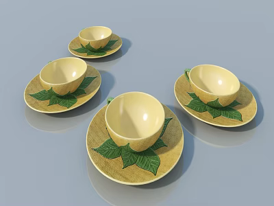 Yellow Leaf Patterned Cup And Saucer Set On Light Blue Background 3d model