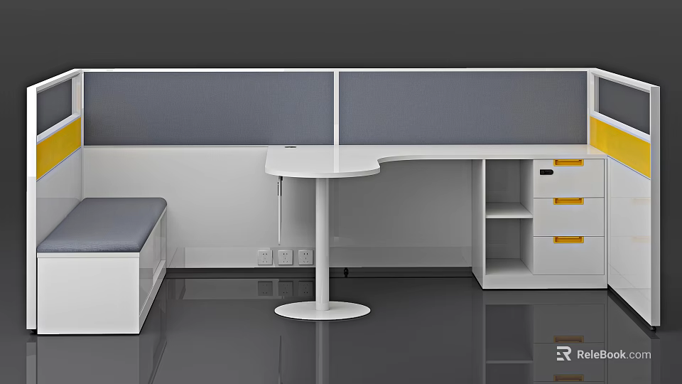 Modern White Curved Office Desk With Bench And Yellow Handle Drawers 3d model 