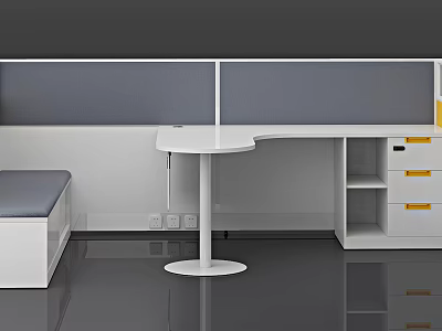 Modern White Curved Office Desk With Bench And Yellow Handle Drawers 3d model