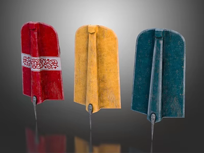 Three Colored Dart Flights in Red Yellow Blue with Textured Design and White Pattern 3d model