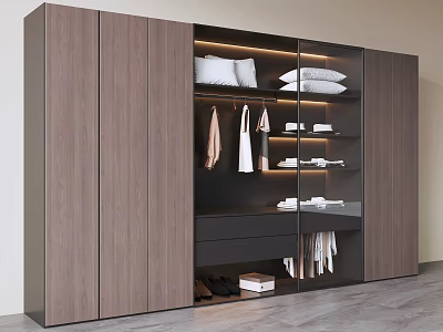 Modern Bedroom Wooden Wardrobe With Built In LED Light And Multi Functional Clothes Storage 3d model