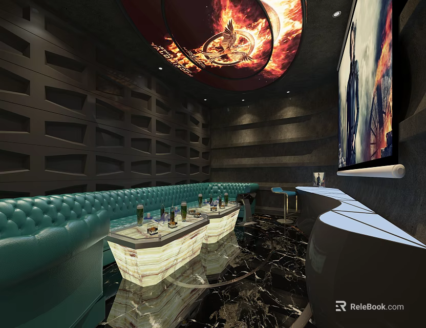 Modern KTV Interior with Teal Sofas Illuminated Bar Counter Decorative Ceiling Art and Large Screen 3d model