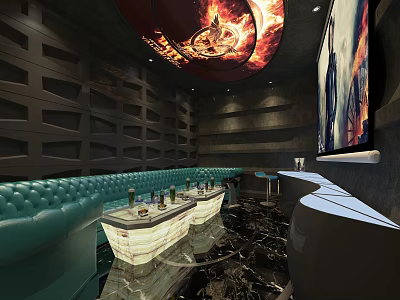 Modern KTV Interior with Teal Sofas Illuminated Bar Counter Decorative Ceiling Art and Large Screen 3d model