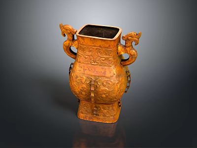 Carved Bronze Square Vessel With Dragon Shaped Handles And Intricate Patterns 3d model