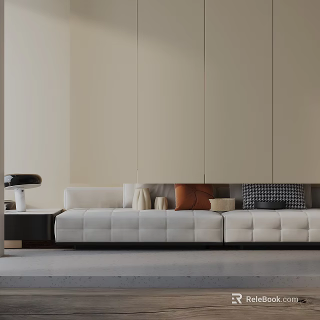 Modern Beige Three-Seater Sofa With Brown Checkered Pillows And Side Table Lamp 3d model