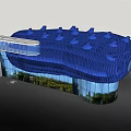 Modern Architectural Building With Blue Wavy Roof Glass Facade And Adjacent White Structure