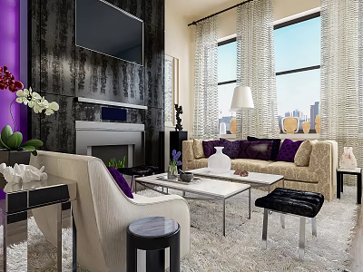 Modern Luxury Living Room With Comfortable Sofas Fireplace And Beautiful City View Through Large Windows 3d model