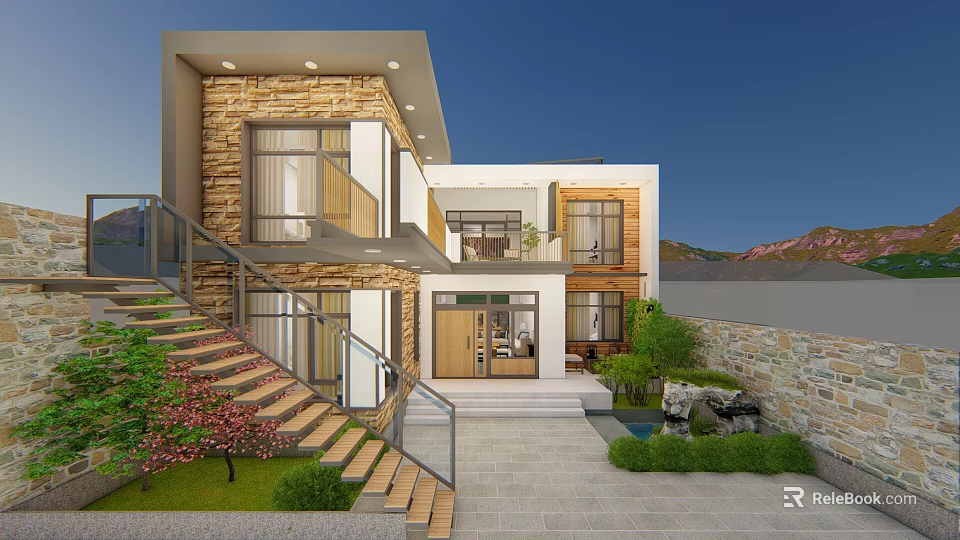 Modern Two Story Villa Exterior Featuring Stone Walls Wooden Elements Courtyard Staircase And Mountain View 3d model 