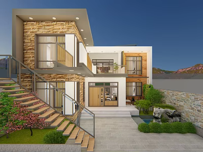 Modern Two Story Villa Exterior Featuring Stone Walls Wooden Elements Courtyard Staircase And Mountain View 3d model