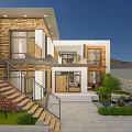 Modern Two Story Villa Exterior Featuring Stone Walls Wooden Elements Courtyard Staircase And Mountain View