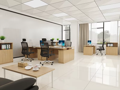 Modern Public Office Space With Wooden Desks Computers Office Chairs Windows And Green Plants 3d model