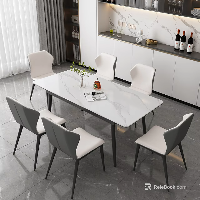 Modern Dining Table Set With White Marble Top And Six Gray White Chairs 3d model 