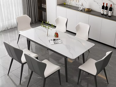 Modern Dining Table Set With White Marble Top And Six Gray White Chairs 3d model