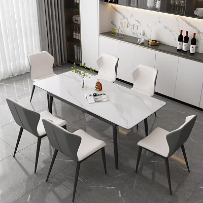 Modern Dining Table Set With White Marble Top And Six Gray White Chairs 3d model