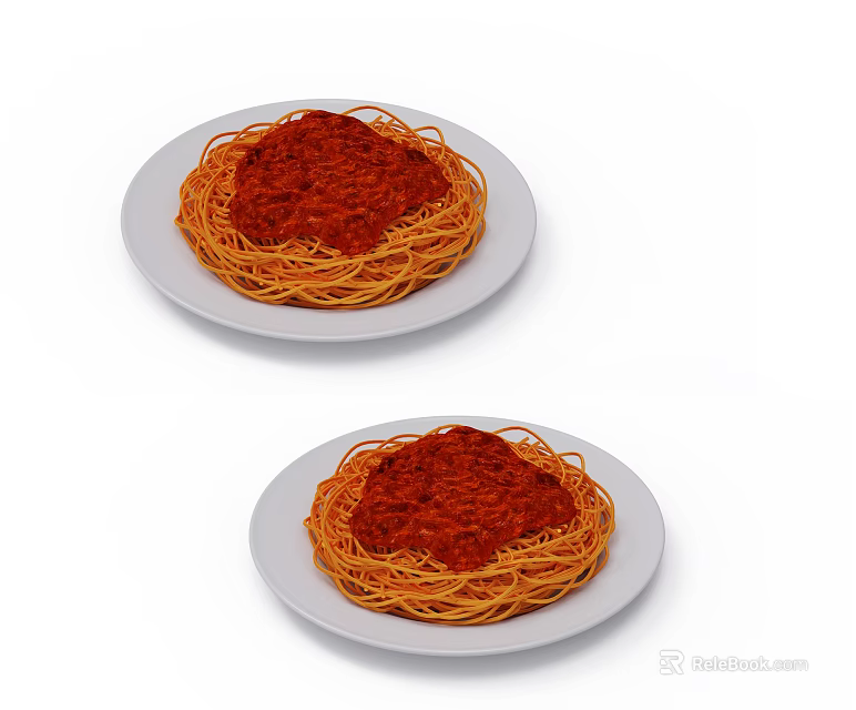 Two Plates of Spaghetti Topped with Rich Tomato Sauce on White Dishes 3d model 