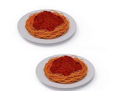 Two Plates of Spaghetti Topped with Rich Tomato Sauce on White Dishes 3d model