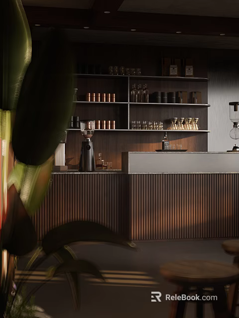 Stylish Restaurant Bar Interior With Wooden Cabinets Coffee Appliances And Shelves Holding Bottles And Cups 3d model 