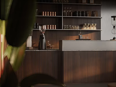 Stylish Restaurant Bar Interior With Wooden Cabinets Coffee Appliances And Shelves Holding Bottles And Cups 3d model