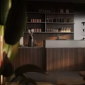 Stylish Restaurant Bar Interior With Wooden Cabinets Coffee Appliances And Shelves Holding Bottles And Cups