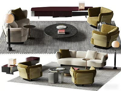 Modern Sofa Set With Armchairs Coffee Table Rug And Floor Lamp 3d model