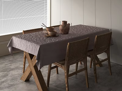 Rustic Dining Table Set with Rattan Back Wooden Chairs and Ceramic Vase on Gray Tablecloth 3d model