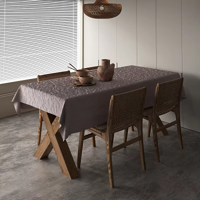 Rustic Dining Table Set with Rattan Back Wooden Chairs and Ceramic Vase on Gray Tablecloth 3d model