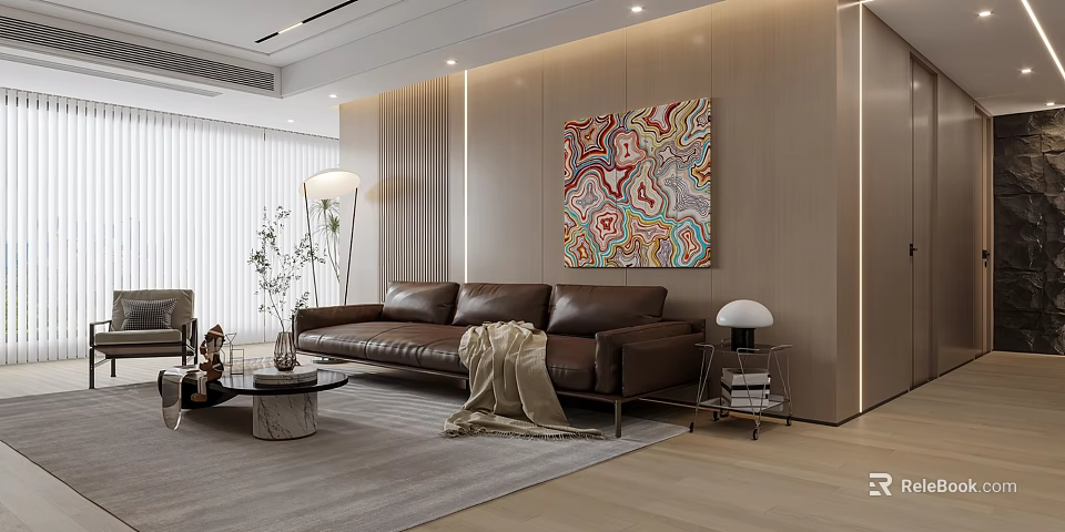 Modern Living Dining Room With Brown Leather Sofa Colorful Abstract Painting And Wooden Wall 3d model 