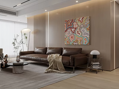 Modern Living Dining Room With Brown Leather Sofa Colorful Abstract Painting And Wooden Wall 3d model