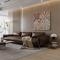 Modern Living Dining Room With Brown Leather Sofa Colorful Abstract Painting And Wooden Wall