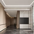 Modern Elevator Hallway Interior With Recessed Light Strips Polished Tiled Floor And Mailbox Cabinet