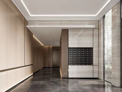 Modern Elevator Hallway Interior With Recessed Light Strips Polished Tiled Floor And Mailbox Cabinet 3d model