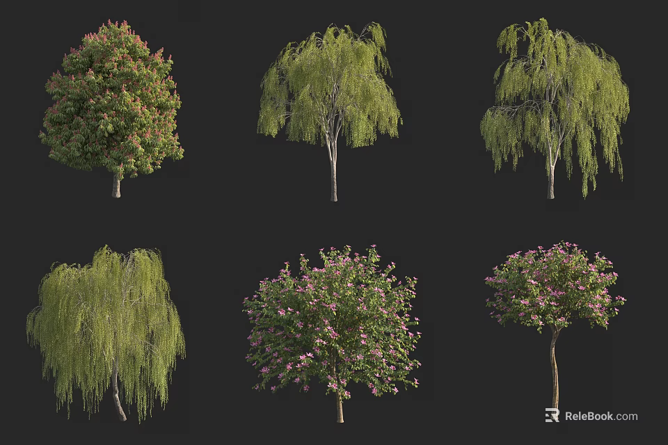 Various Arbor Tree Varieties With Diverse Foliage Shapes And Pink Flowers 3d model 