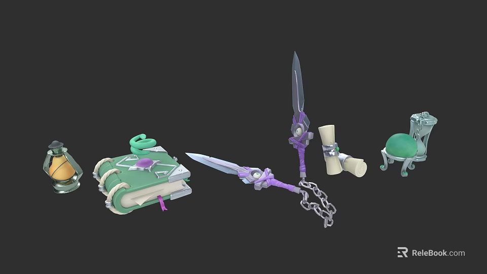 Fantasy Character Equipment With Magic Book Dagger Scroll And Green Chair 3d model 